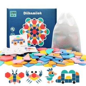 Houten puzzel Montessorispellen voor kinderen 180st met gekleurde doos met verschillende dierenvormen en een witte achtergrond