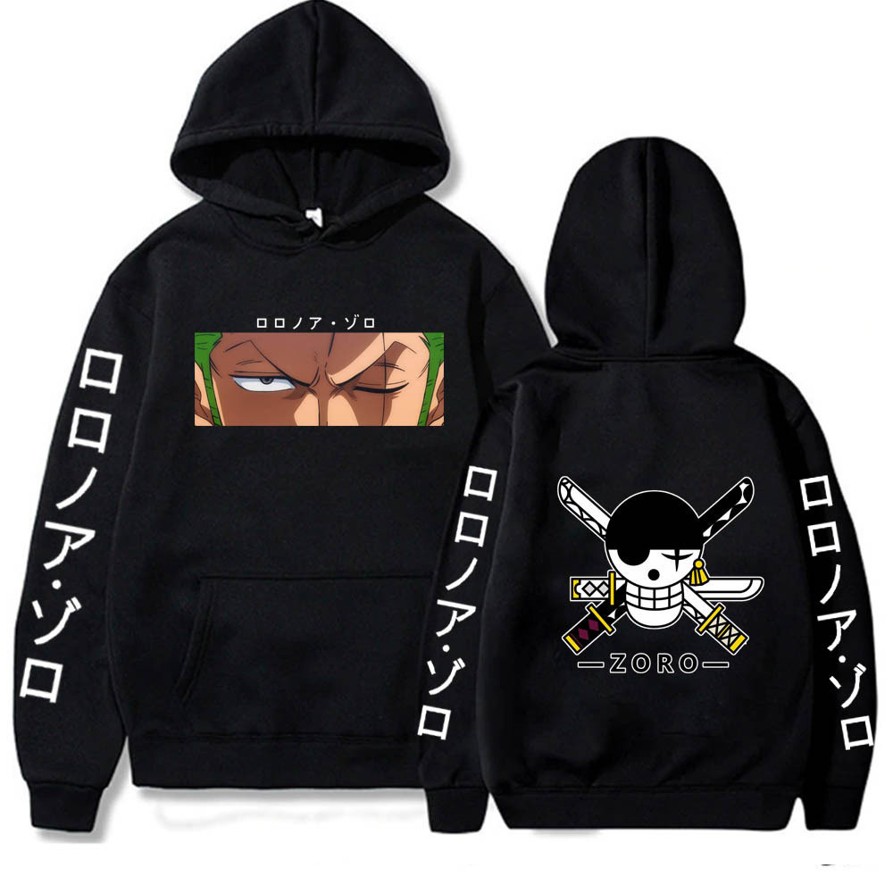 Roronoa Zoro hoodie met cartoonprint voor kinderen in zwart met witte achtergrond
