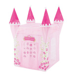 Een roze tipi voor kinderen in de vorm van een prinsessenkasteel. Het heeft vier torens en een gordijndeur aan de voorkant.