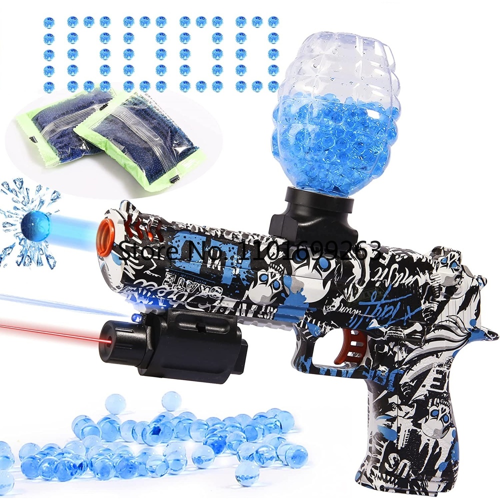Elektrisch zacht orbeez pistool voor kinderen met blauwe gelbolletjes met witte achtergrond