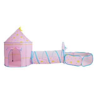 Een roze tipi voor meisjes met schattige veelkleurige prints op de bovenkant. Het bevat een kasteel, een tunnel en een ballenbad.