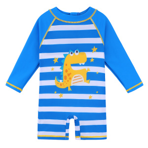 zwemkleding voor kleine jongens, jumpsuit uit één stuk, blauw met witte strepen en een kleine gele dinosaurus op de voorkant getekend