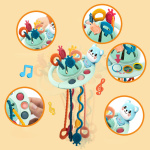 afbeeldingen van het blauwe Montessori-spel voor tanden in bellen, op een oranje achtergrond