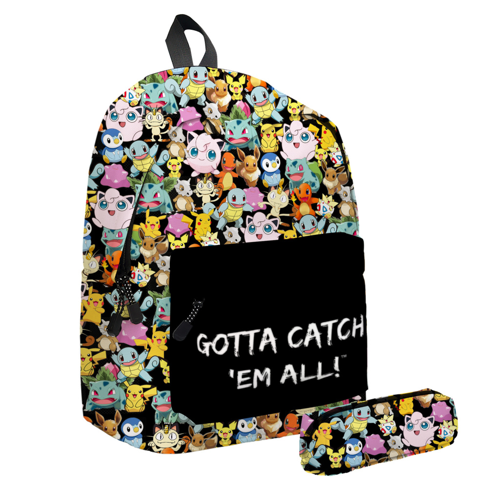 Pokémon rugzak en bijpassende etui met meerdere pokémon motief op witte achtergrond
