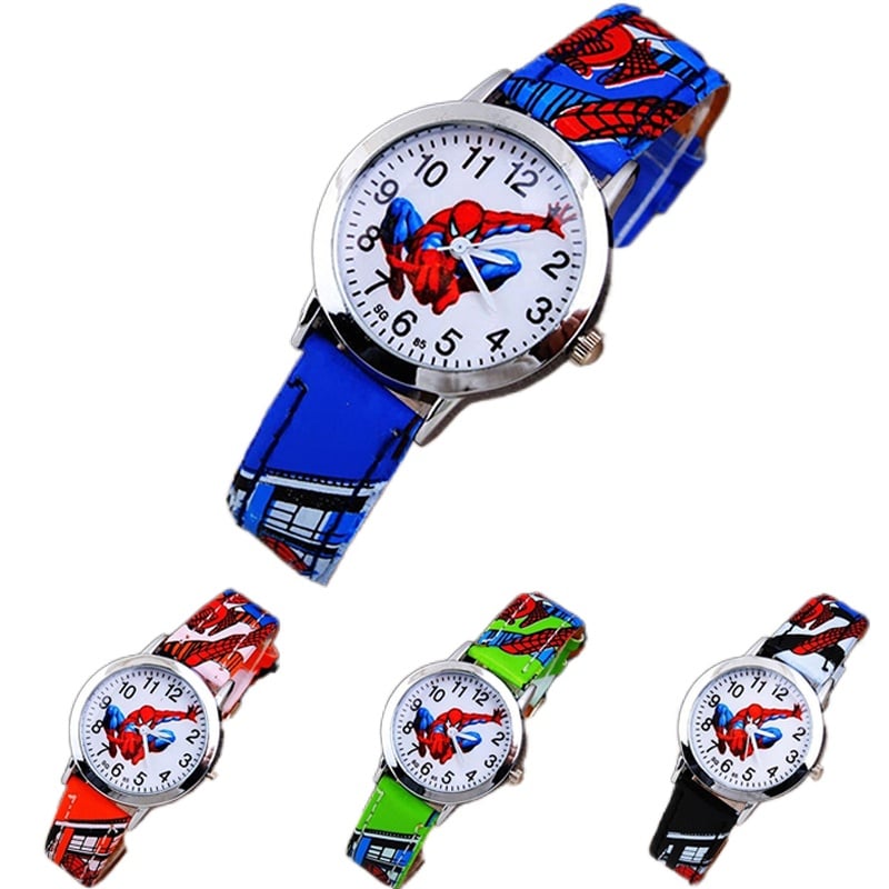 SpiderMan horloge met leren band, blauw, oranje en zwart model