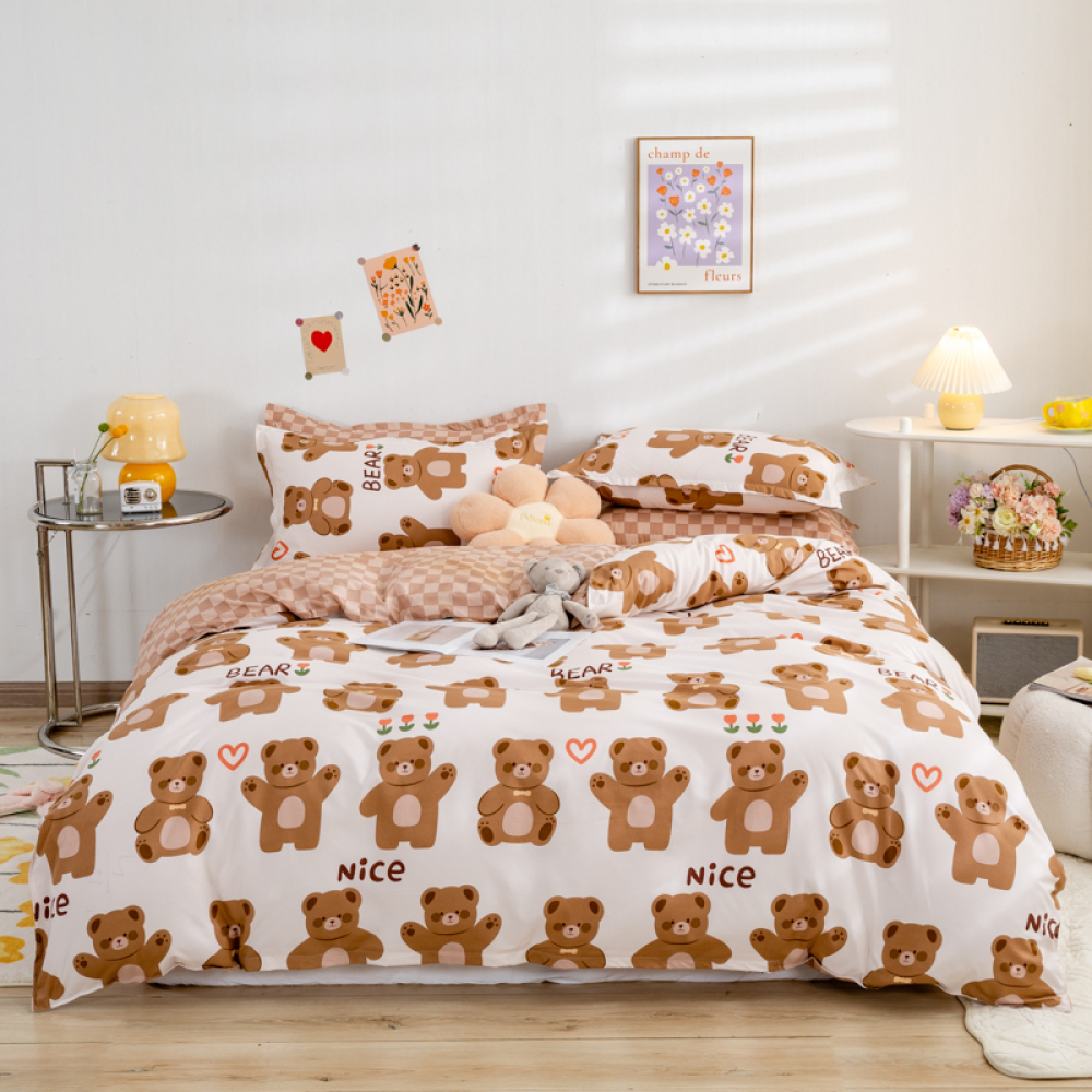 Kinderdekbed met teddybeer ontwerp en kinderkamer achtergrond