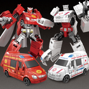 2 rood-witte speelgoed reddingsauto's en zij-aan-zij robots