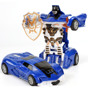 Blauwe Transformers auto met robot erachter
