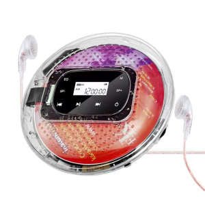 Transparante CD-speler met een rode en paarse CD erin, en koptelefoon
