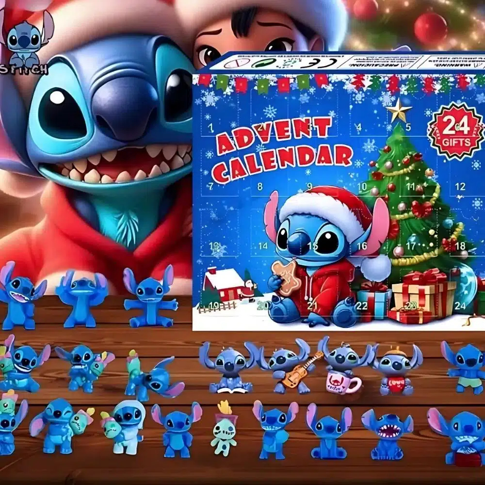 Stitch adventskalender met een kerstthema aan de rechterkant van de afbeelding. Links het karakter van Stitch. Daaronder de figuurtjes.