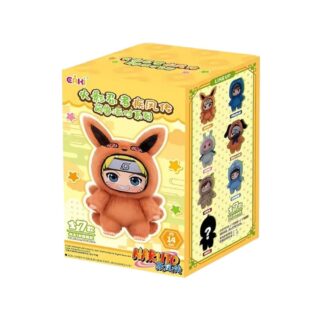 Naruto stijl Labubu mysterybox. De doos is geel met het personage Naruto in een oranje pluche kostuum. Op een witte achtergrond.