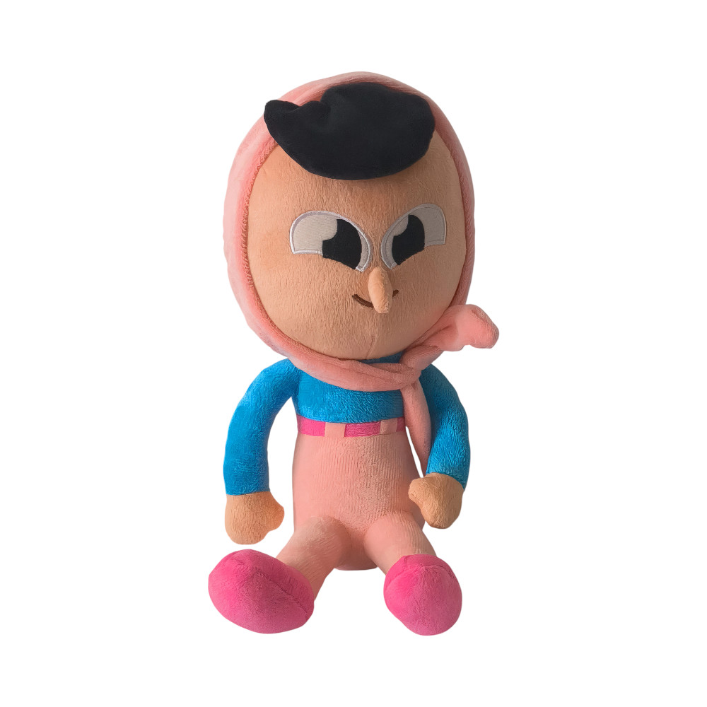 IMG_26_07_25_peluche_duolingo_zari_2.jpg Duolingo knuffel Zari zittend, met gebogen armen, roze en blauwe stof, een zachte en expressieve speelmaatje op witte achtergrond.