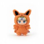 Knuffel Naruto stijl Labubu Kawaii met Naruto Uzumaki in een oranje vossenkostuum op witte achtergrond