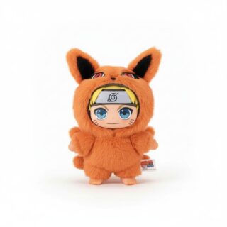 Knuffel Naruto stijl Labubu Kawaii met Naruto Uzumaki in een oranje vossenkostuum op witte achtergrond