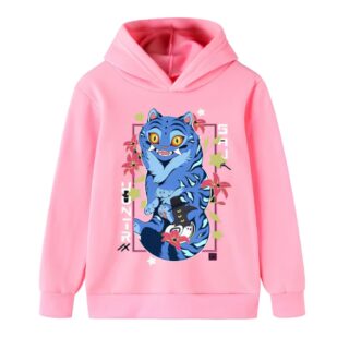Sweat Kpop Demon Hunters Derpy le tigre bleu de couleur rose à capuche. Le motif du tigre bleu se trouve devant entouré d'un cadre fleuri. Sur fond blanc.