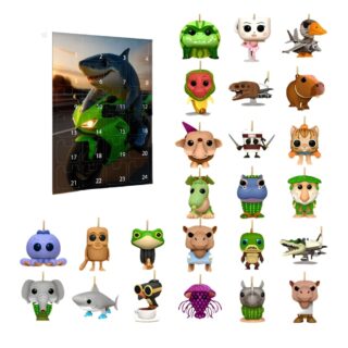 Adventskalender Italian Brainrot met het haaienpersonage op een groene motor. 24 personages op de rest van de afbeelding op witte achtergrond.