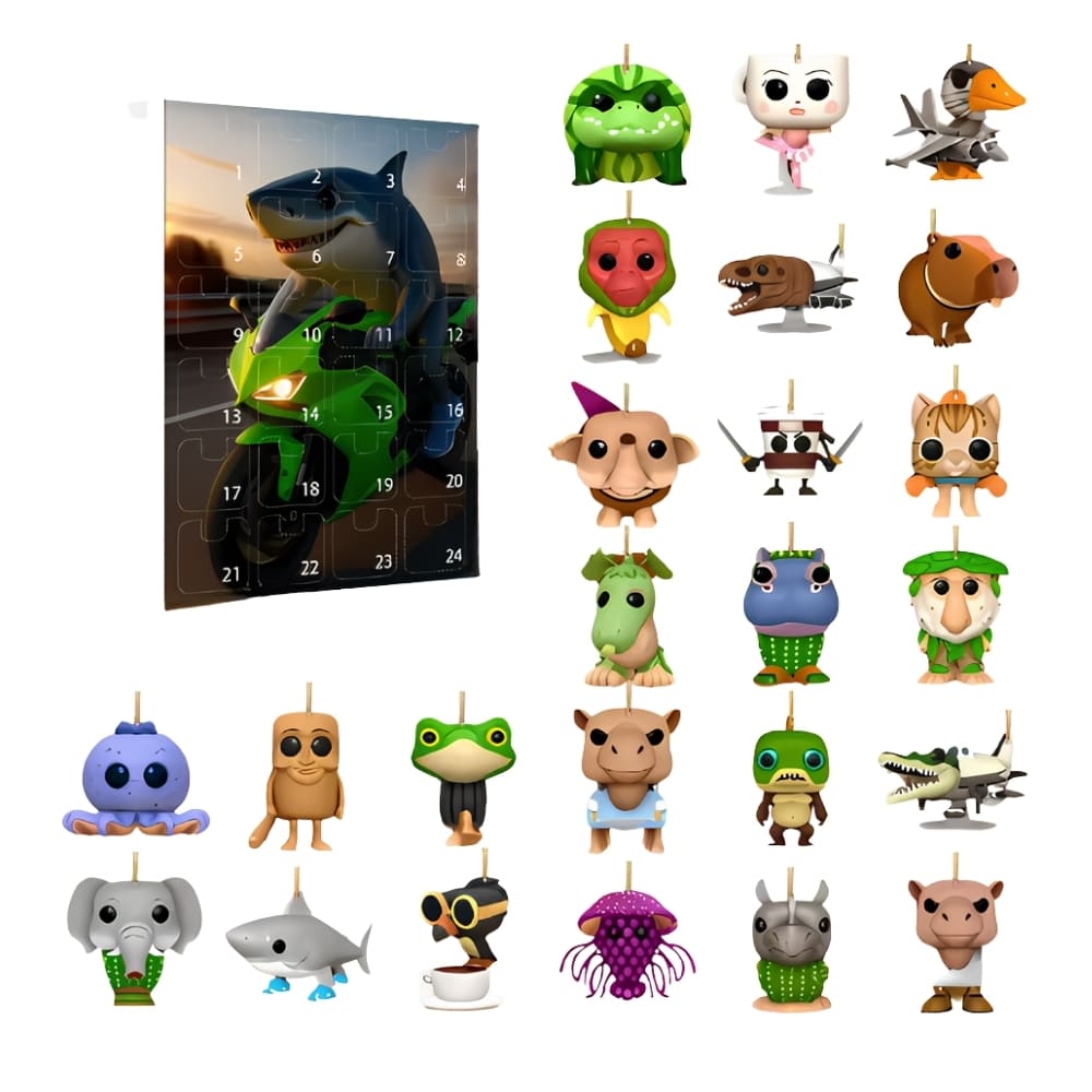 IMG_10_2025_calendrier_de_l_Avent_italian_brainrot_5.jpg Adventskalender Italian Brainrot met het haaienpersonage op een groene motor. 24 personages op de rest van de afbeelding op witte achtergrond.