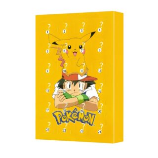 Adventskalender figuurtjes Pokemon in gele kleur met Ash en Pikachu. Op witte achtergrond.