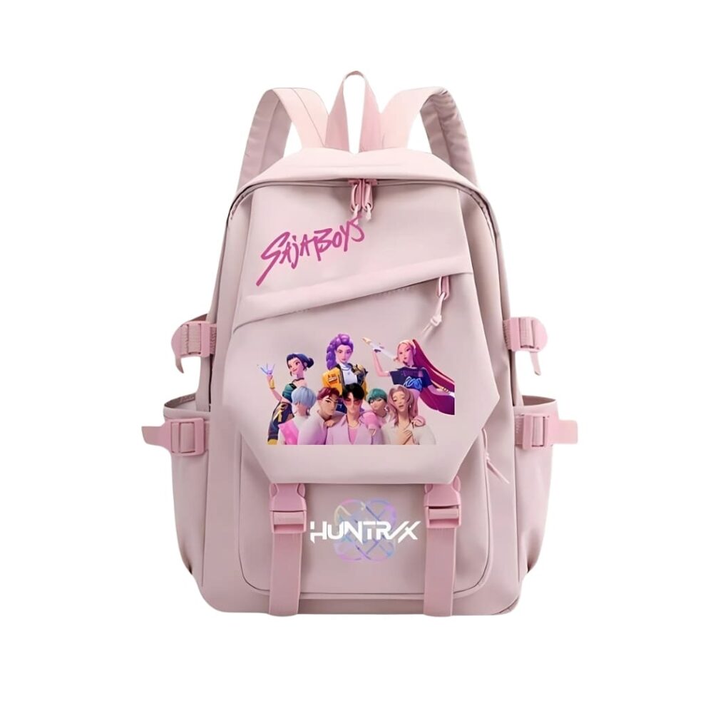 IMG_09_2025_sac_a_dos_Kpop_Demon_Hunters_pour_le_primaire_1d.jpg K-pop Demon Hunters Rugzak voor de basisschool in roze kleur met verschillende verstelbanden. De helden van de anime gedrukt op de voorkant. Op witte achtergrond.