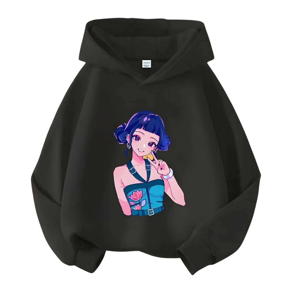 IMG_10_2025_Sweat_enfant_K_pop_Demon_Hunters_a_capuche_motif_Zoey_5.jpg Een K-pop Demon Hunters kindersweater met capuchon in zwart met een motief dat Zoey in het midden voorstelt, op een witte achtergrond.