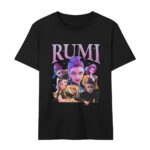 K-pop Demon Hunters Kinder-T-shirt zwart personage Rumi met verschillende profielen en haar voornaam in hoofdletters erboven geschreven. Op witte achtergrond.