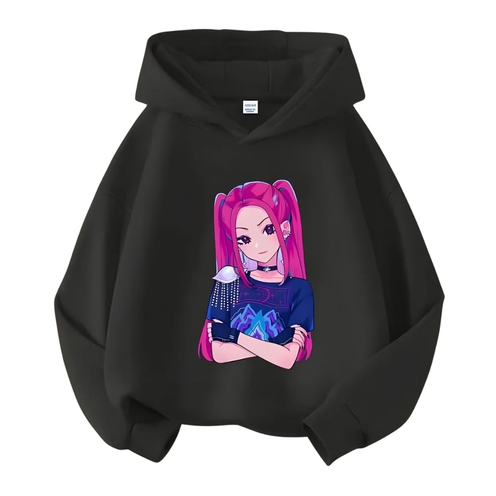 Sweat enfant K-pop Demon Hunters à capuche motif Mira. Le sweat est noir sur fond blanc.