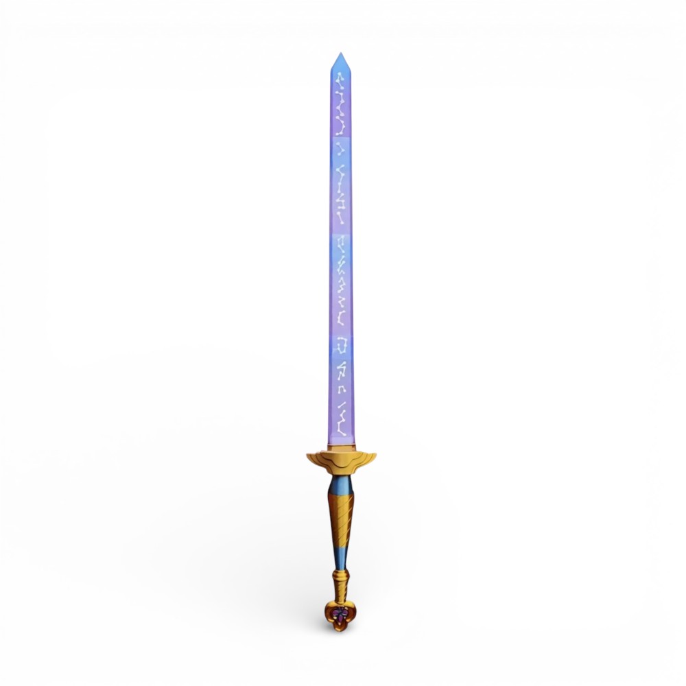 Épée télescopique Rumi Kpop Demon Hunters violette avec runes mystiques dorées et garde bleue sur fond neutre blanc.