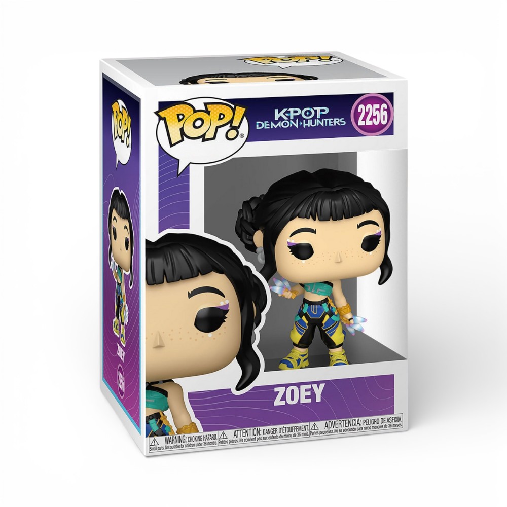 Figurine Pop vinyle Zoey Demon Hunters Kpop en tenue jaune et bleue avec lames jumelles iridescentes, dans emballage transparent.