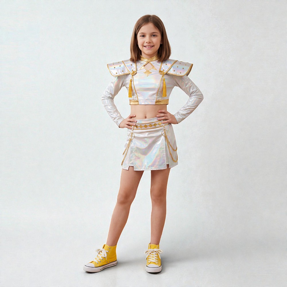 Fille souriante portant le déguisement K-pop Demon Hunters version finale Zoey : crop top holographique blanc, jupe à chaînes dorées, épaulettes cloutées brillantes.