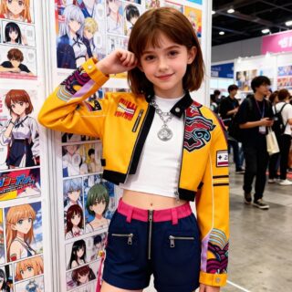 Jeune fille brune les cheveux au carré, dans un salon manga portant la tenue de Rumi Demon Hunters. Composé d'un short, un haut blanc et une veste jaune.