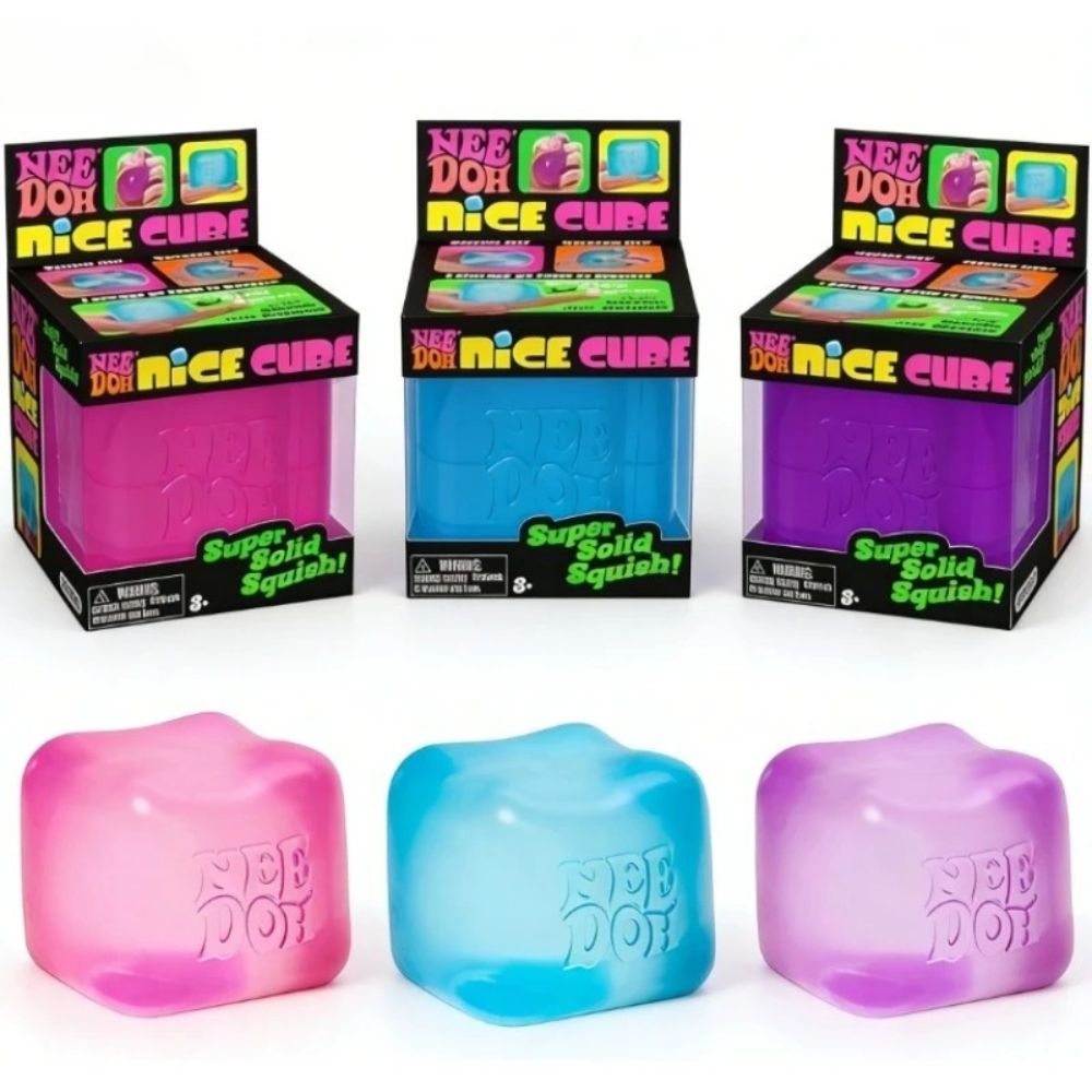 3 boites de cube anti-stress avec en bas de l'image les 3 cubes anti-stress de chaqsue couleur : rose, bleu et violet. De la marque Needoh