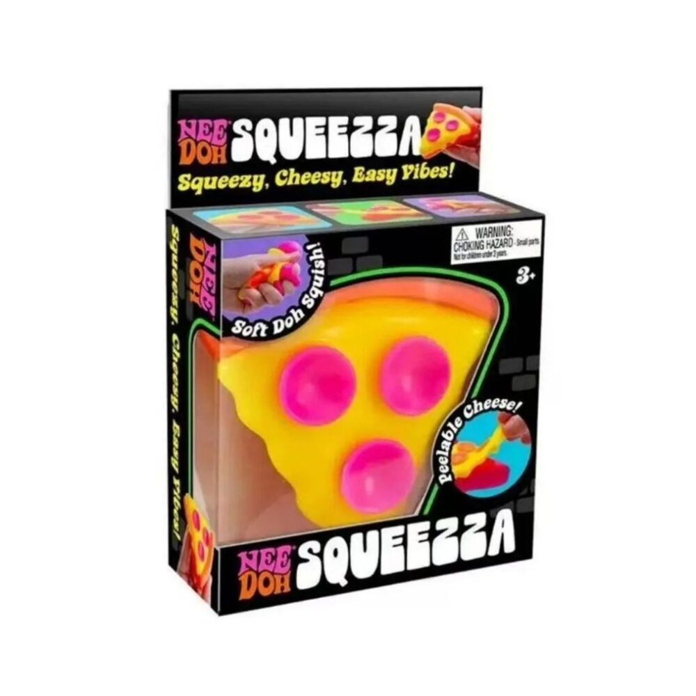 IMG_squishy_needoh_part_pizza_jouet_anti_stress1.jpg Boite noire packaging avec à l'intérieur une part de pizza jaune avec des ronds roses, comme jouet sensoriel à malaxer.