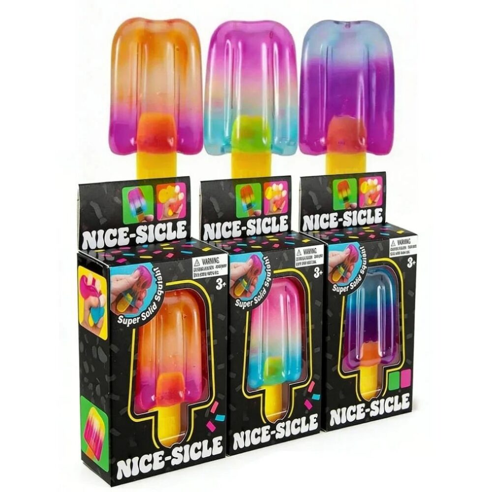 3 boites alignées avec au-dessus 3 modèles de squishy Needoh popsicle colorées