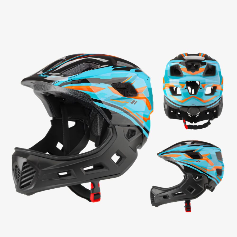 Casque de vélo détachable pour enfant turquoise, noir et gris sur fond blanc